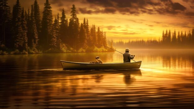 Fishing boat river with breathtaking sunset